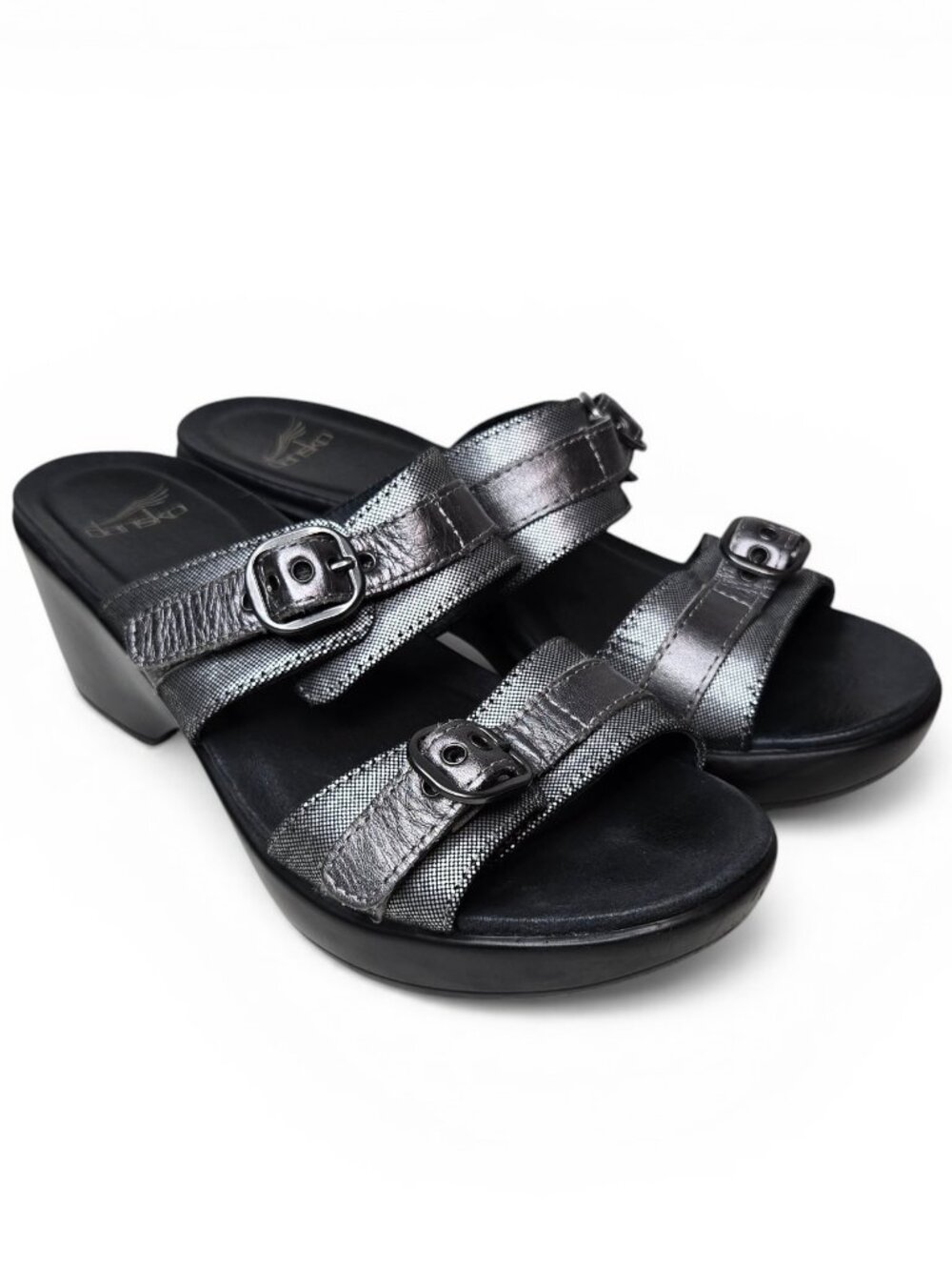Dansko Jessie Metallic Silver Heeled Sandals Women Adjustable Buckle Strap 7.5-8